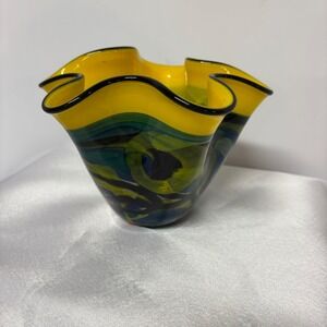 Ian Nemtoi Hand Blown Handkerchief Vase Yellow‎ Blue Swirl Ruffle Signed 5"